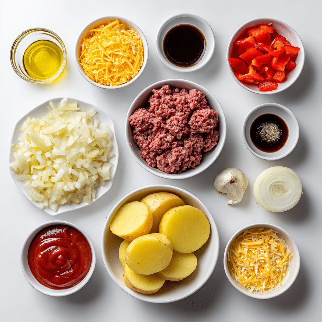 Delicious Hobo Casserole with Ground Beef & Potatoes: The Ultimate Easy Bake for Dinner 3 Flat lay of fresh ingredients for Hobo Casserole with Ground Beef and Potatoes