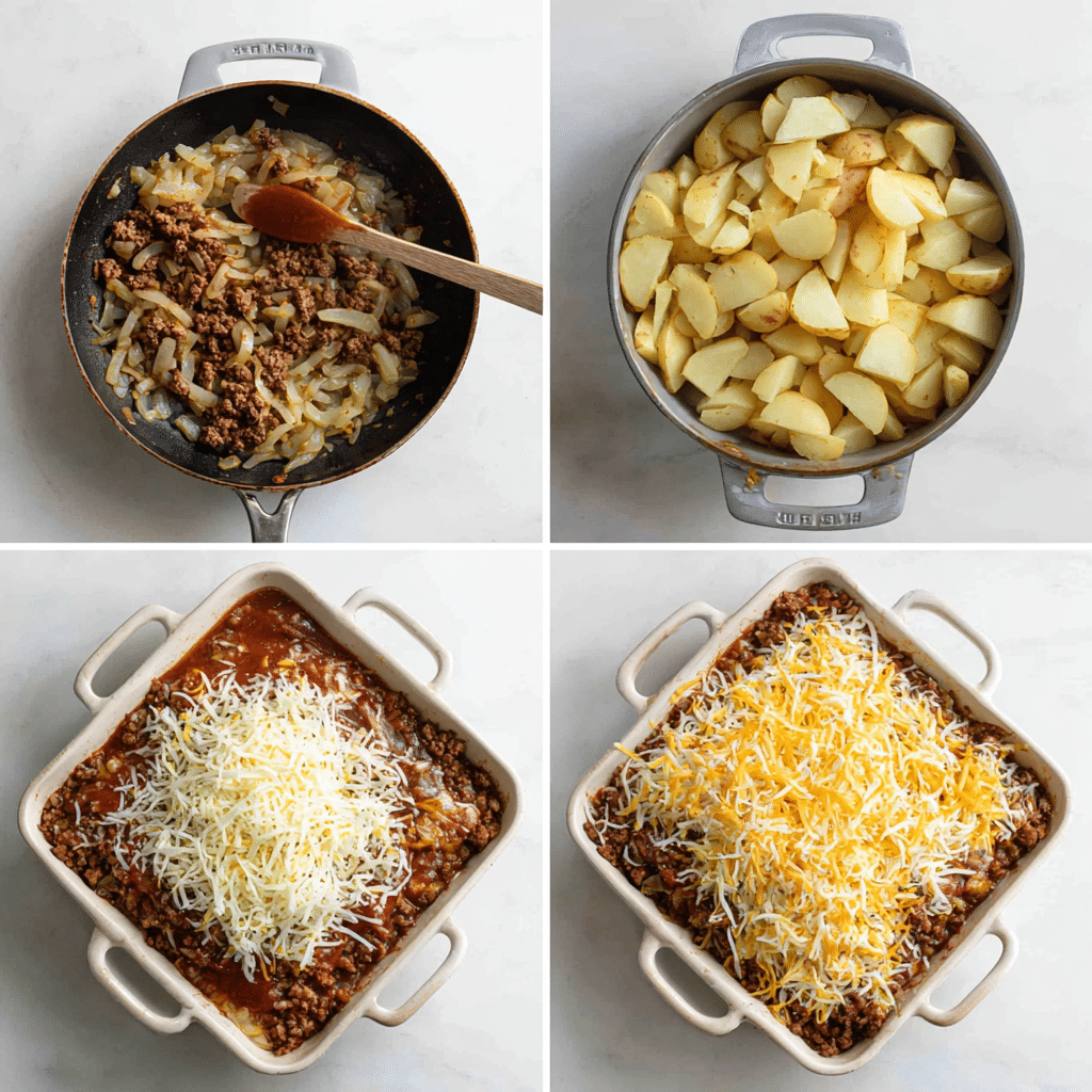 Delicious Hobo Casserole with Ground Beef & Potatoes: The Ultimate Easy Bake for Dinner 4 Step-by-step collage of Hobo Casserole with Ground Beef and Potatoes preparation