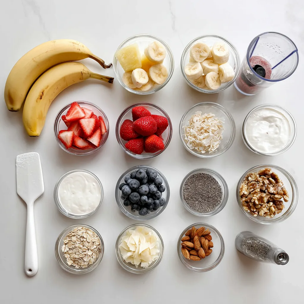 5-Minute Fruit Smoothie Bowl: Quick, Fresh, and Delicious Nutritious Breakfast 3 Flat-lay featuring banana, frozen strawberries, frozen pineapple, vanilla Greek yogurt or skyr (or plant-based yogurt), plus optional toppings like blueberries, granola, coconut, nuts, chia, and sunflower seeds, with a blender and spatula on a clean white background.