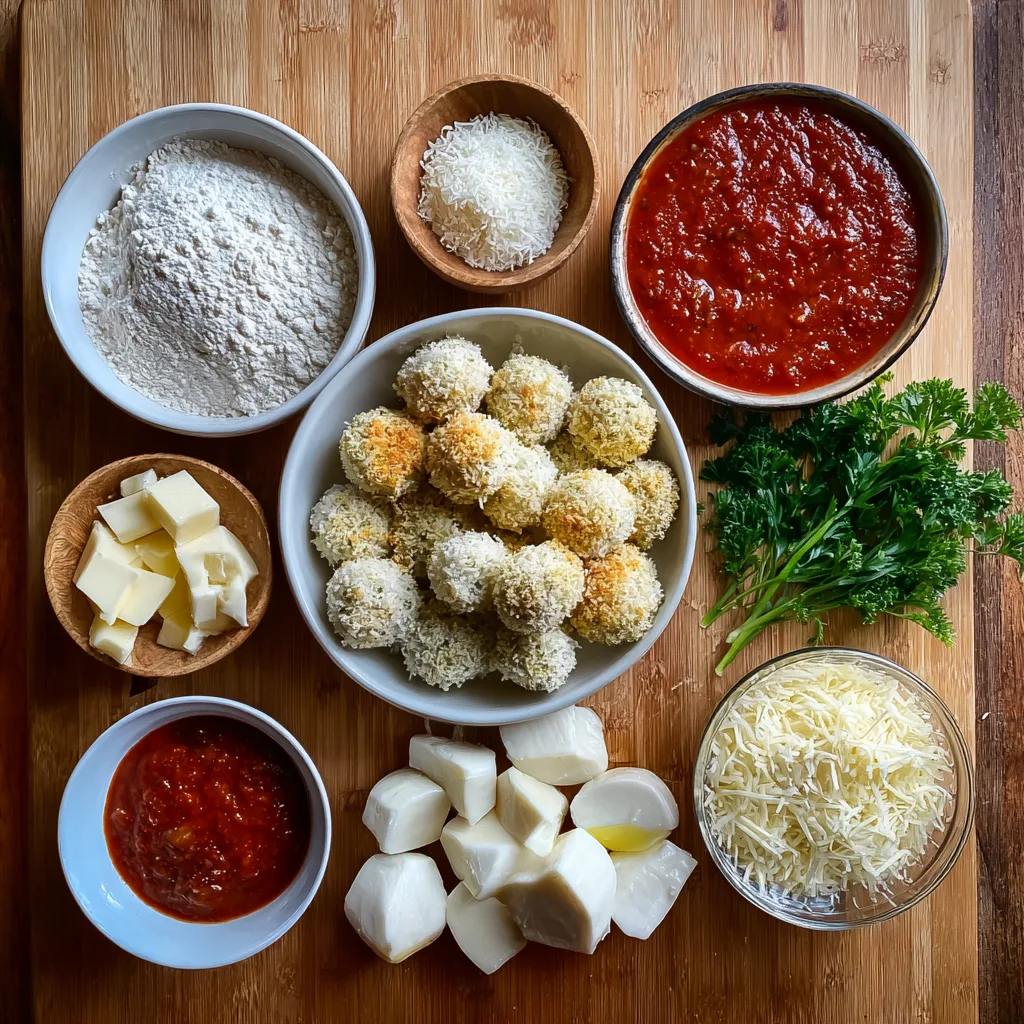 Ingredients for Mini Arancini Balls with Marinara Dip laid out on a wooden surface