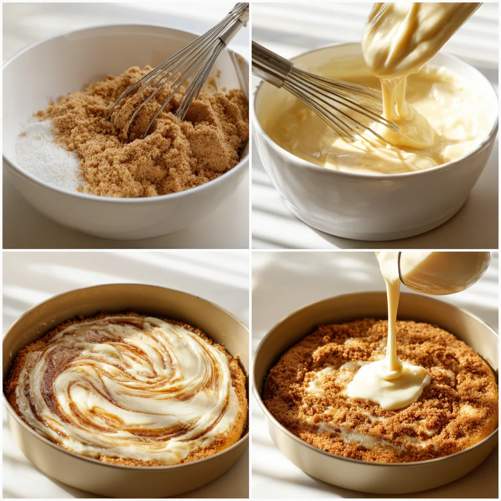 A single horizontal collage with four natural-light panels showing the Coffee Cake process from mixing streusel to drizzling glaze, shot with an iPhone 15 Pro in a casual home kitchen.