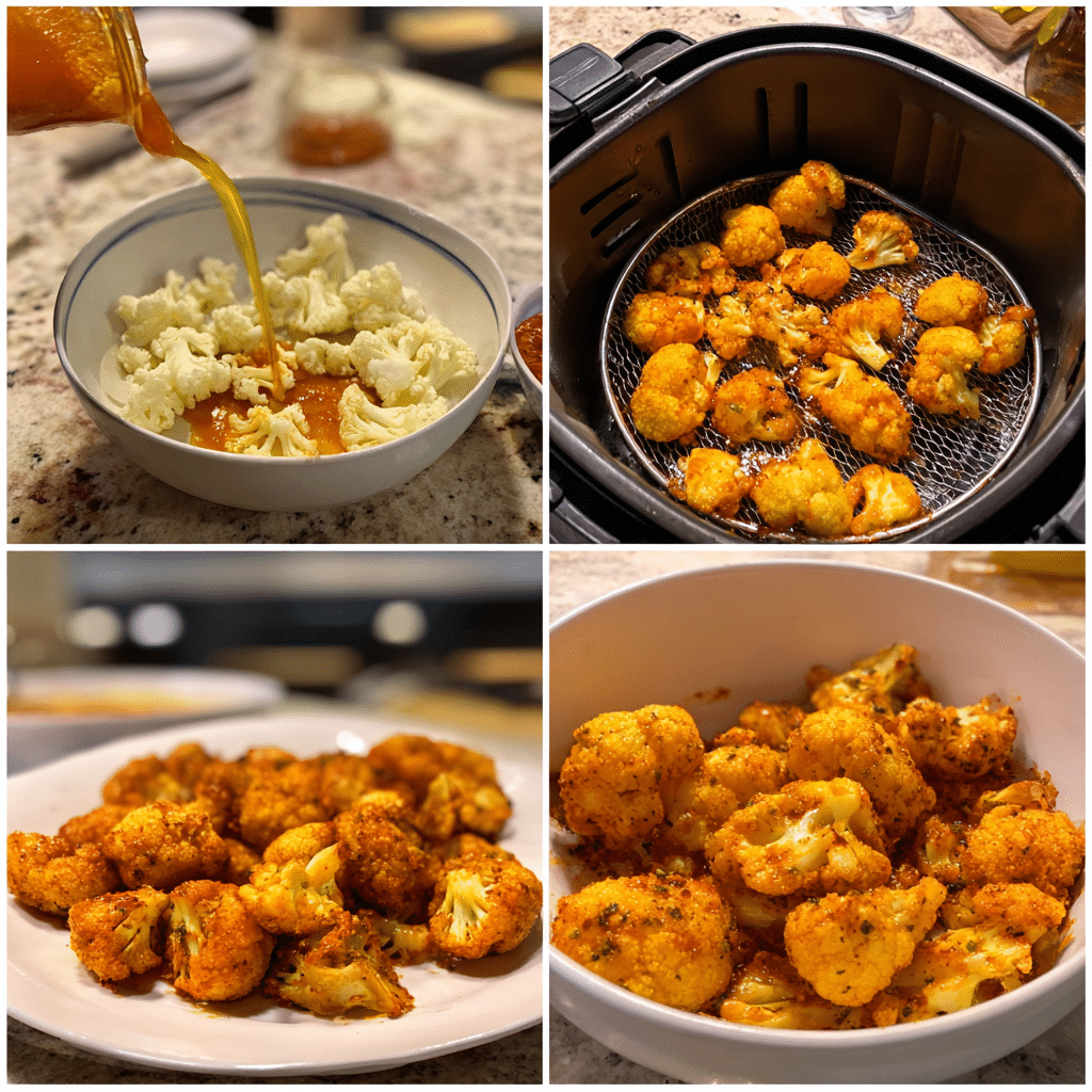 Air Fryer Buffalo Cauliflower Recipe: Crispy, Zesty Healthy Dinner Delight 4 Step by step Air Fryer Buffalo Cauliflower cooking collage