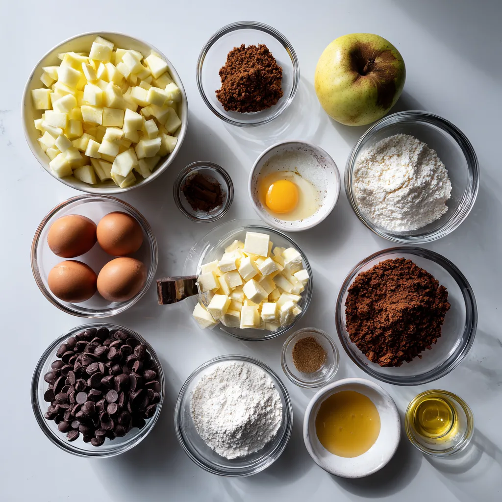 Ingredients for Apple Brownie Bites including apples, cinnamon, and cocoa