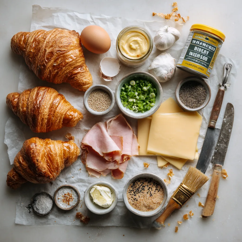 Ingredients for Baked Ham and Cheese Croissants—croissants, ham, Swiss, Dijon, butter, honey, green onions, egg white, and poppy seeds