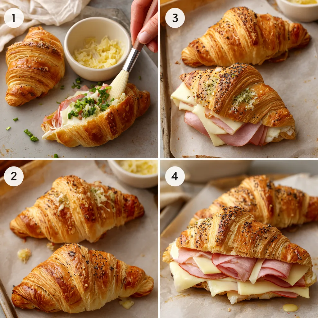 Four-step collage for Baked Ham and Cheese Croissants—mix spread, brush croissants, layer ham and Swiss, bake until golden