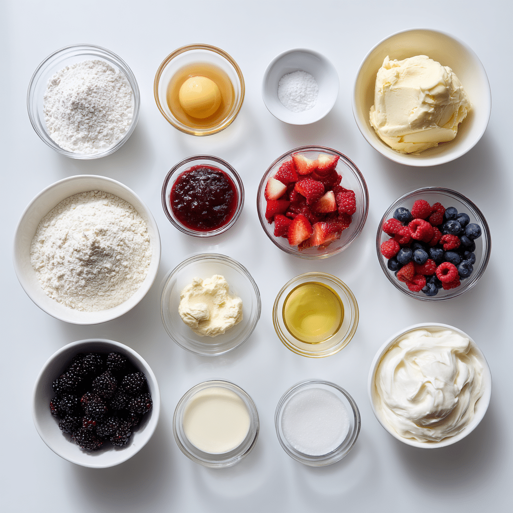 Ingredients for Berry Chantilly Cake arranged in small bowls