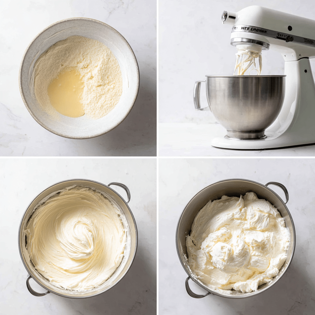 Four-step collage of batter mixing, baking and cooling, Chantilly cream, and layered assembly with berry syrup