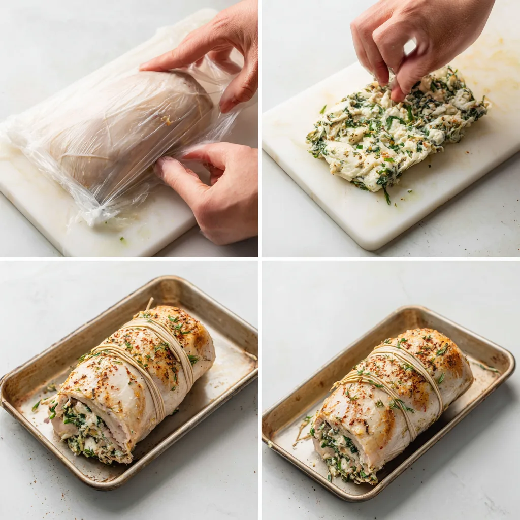 Embrace Festive Flavor with the Best Christmas Stuffed Turkey Breast 4 Four-step collage pounding turkey, spreading filling, rolling and seasoning, and baking to 160°F for Best Christmas Stuffed Turkey Breast