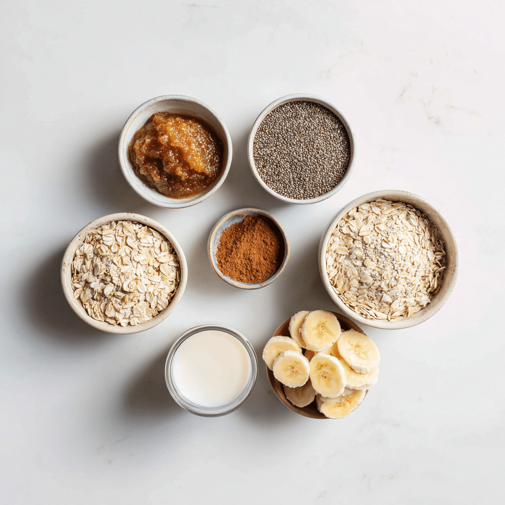 Ingredients for Brown Sugar Overnight Oats arranged in small bowls