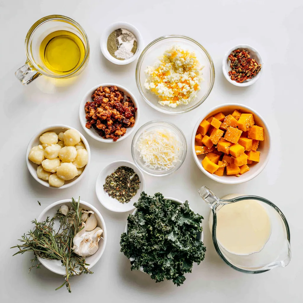 Ingredients for Butternut Squash Gnocchi Soup arranged in small bowls on a clean white background