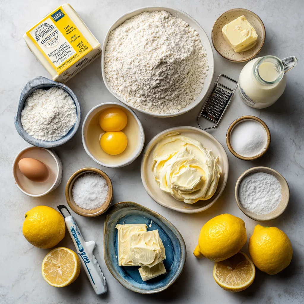 Delightful Cheesecake Factory Italian Lemon Cream Cake for Any Celebration 3 Ingredients to make Cheesecake Factory Italian Lemon Cream Cake—flour, sugar, eggs, lemons, mascarpone, and cream cheese arranged on a countertop