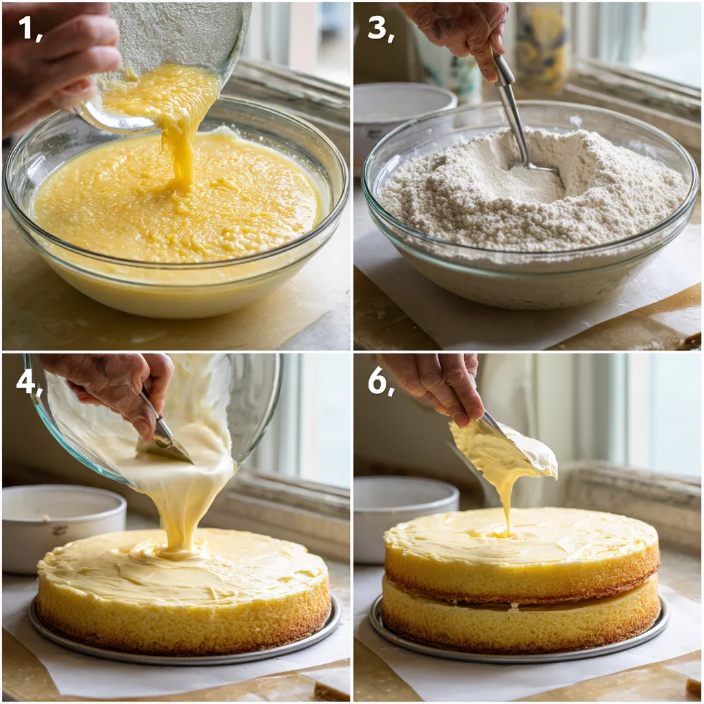 Delightful Cheesecake Factory Italian Lemon Cream Cake for Any Celebration 4 Four-step collage for Cheesecake Factory Italian Lemon Cream Cake—mixing batter, preparing pans, baking layers, and filling with lemon mascarpone cream