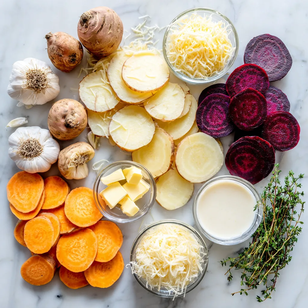 Cheesy Root Vegetable Gratin That Warms Every Thanksgiving Table 3 Ingredients for Cheesy Root Vegetable Gratin including sliced root vegetables and cheeses