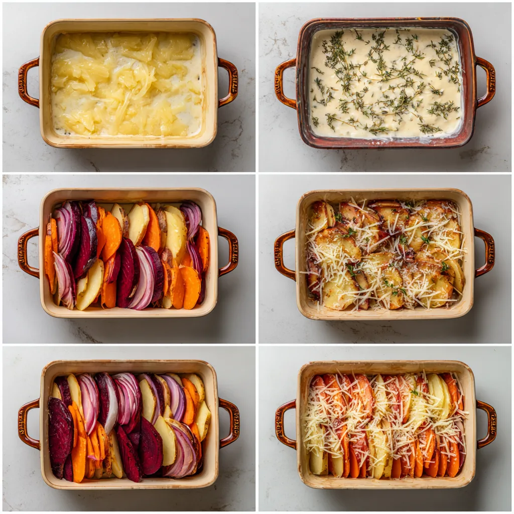 Cheesy Root Vegetable Gratin That Warms Every Thanksgiving Table 4 Step-by-step preparation of Cheesy Root Vegetable Gratin from slicing to topping