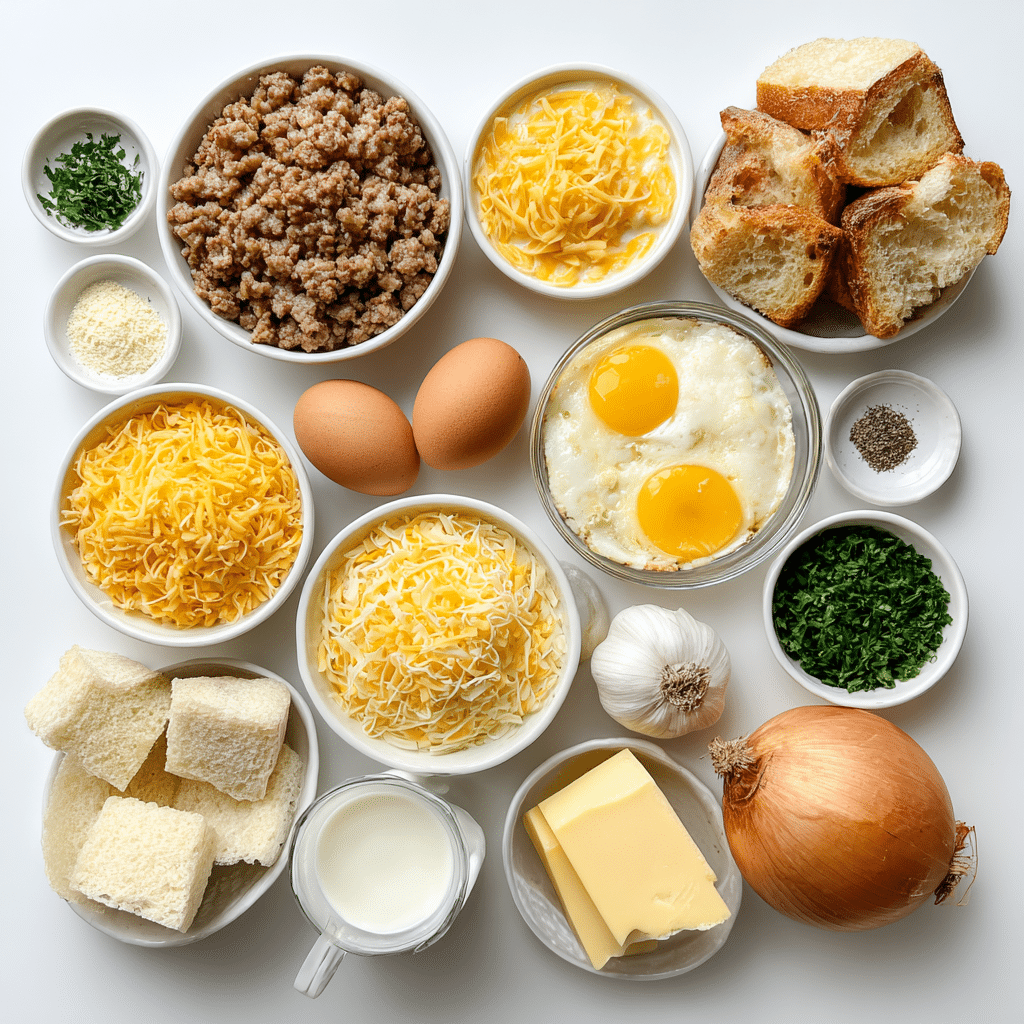 Cheesy Sausage Breakfast Casserole: A Warm, Flavorful Morning Delight 3 Ingredients for Cheesy Sausage Breakfast Casserole arranged in bowls