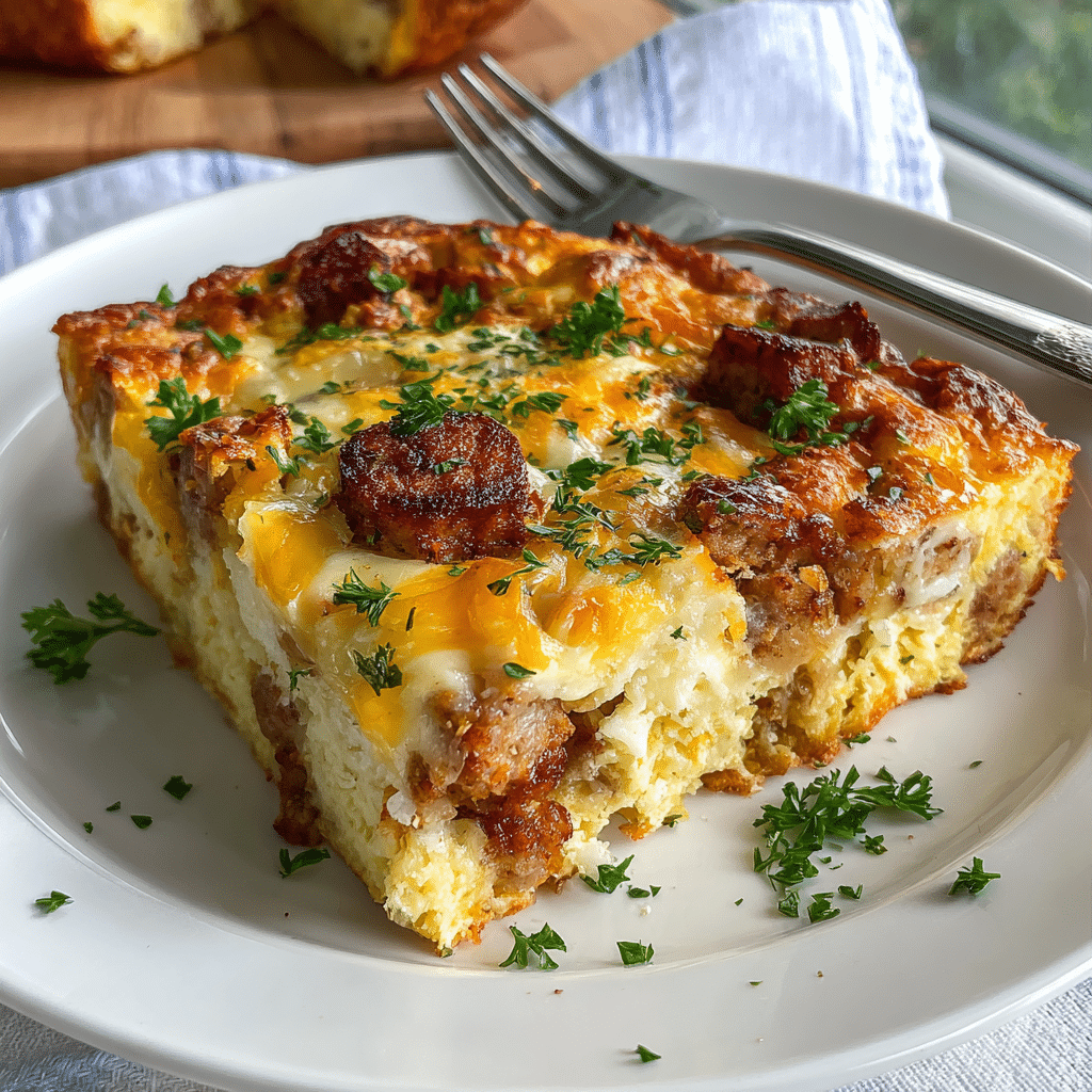 Cheesy Sausage Breakfast Casserole: A Warm, Flavorful Morning Delight 5 Serving image of Cheesy Sausage Breakfast Casserole cut into square slices, showing melted cheese and sausage filling, styled for a hearty breakfast.