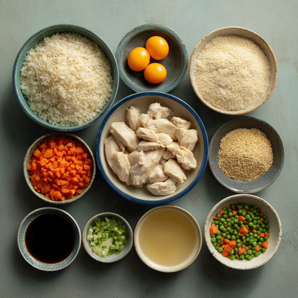 Chinese Chicken Fried Rice Delight: Quick, Flavorful, and Family-Friendly 3 Ingredients for Chinese Chicken Fried Rice arranged in bowls