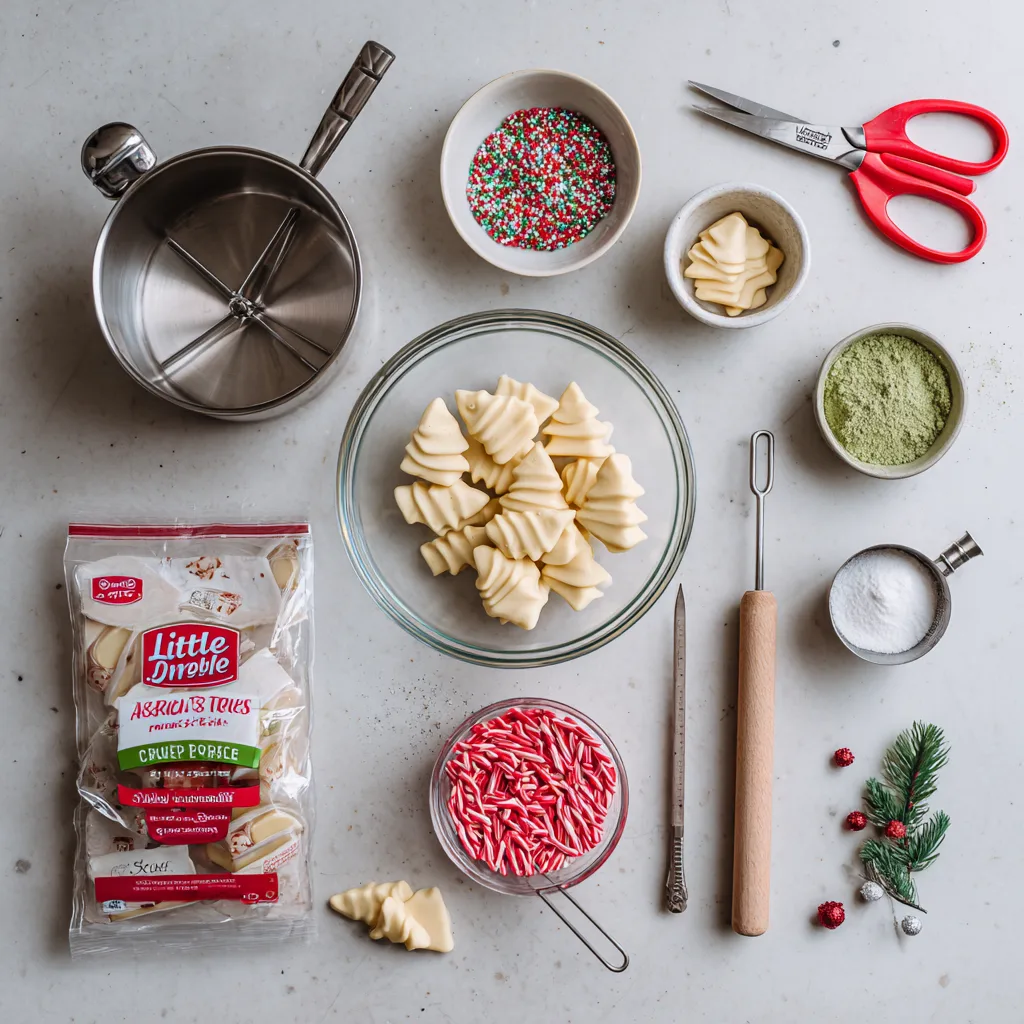 Ingredients for Christmas Tree Cake Truffles—unwrapped snack cakes, white chocolate, red candy melts, festive sprinkles, green sanding sugar