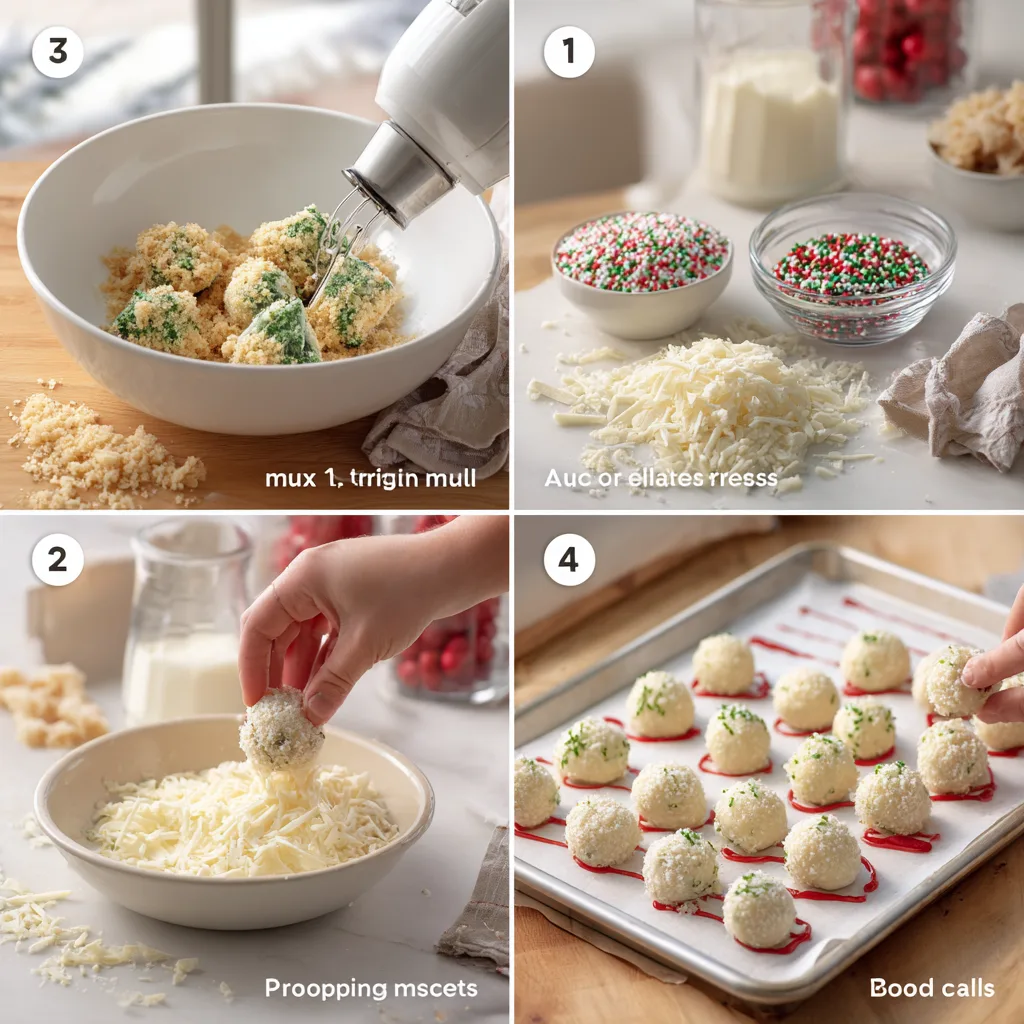 Process collage following the recipe: mixer crumbles cakes, tablespoon scoops balls, white chocolate dip with a fork, then red drizzle and green sanding sugar before chilling.