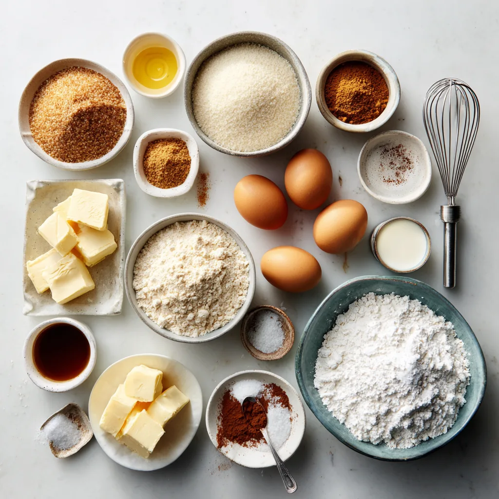 Ingredients for Coffee Cake—flour, sugars, butter, eggs, sour cream, cinnamon, and vanilla arranged on a countertop