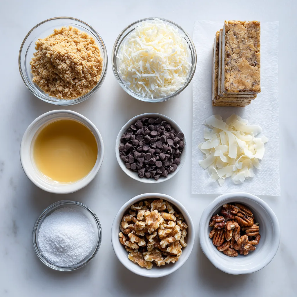 Flat-lay showing graham crust components, Eagle Brand sweetened condensed milk, chocolate chips, coconut, nuts, and parchment for lining the pan