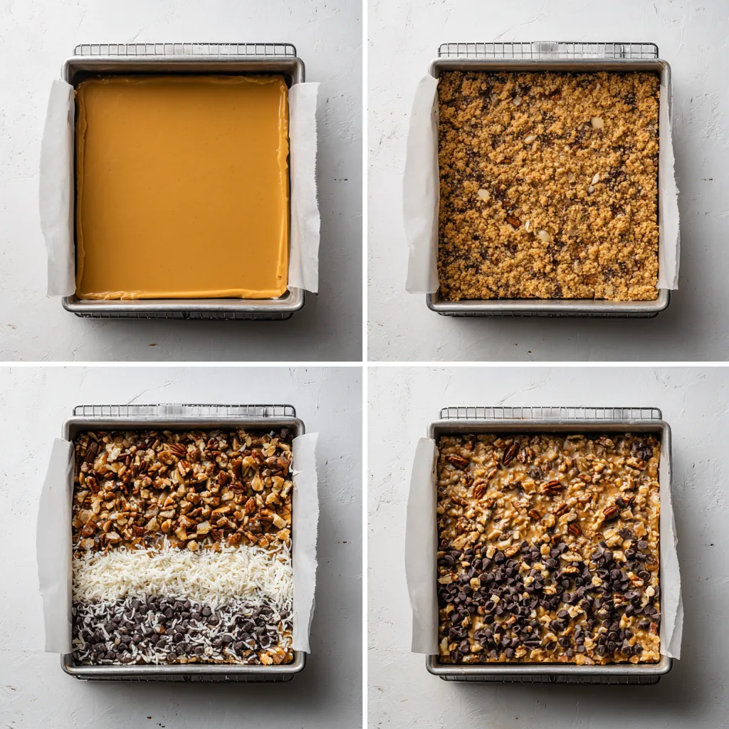 Process collage for Cookie Bars from Eagle Brand: crust, condensed milk, chocolate/coconut/nuts, then bake and cool