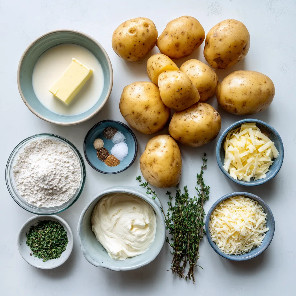 Creamy Scalloped Potatoes: Irresistibly Comforting Dinner Side 3 Overhead flat-lay of the full ingredient set for Creamy Scalloped Potatoes, arranged neatly on a white background with natural light for a clear, blog-ready ingredients shot.