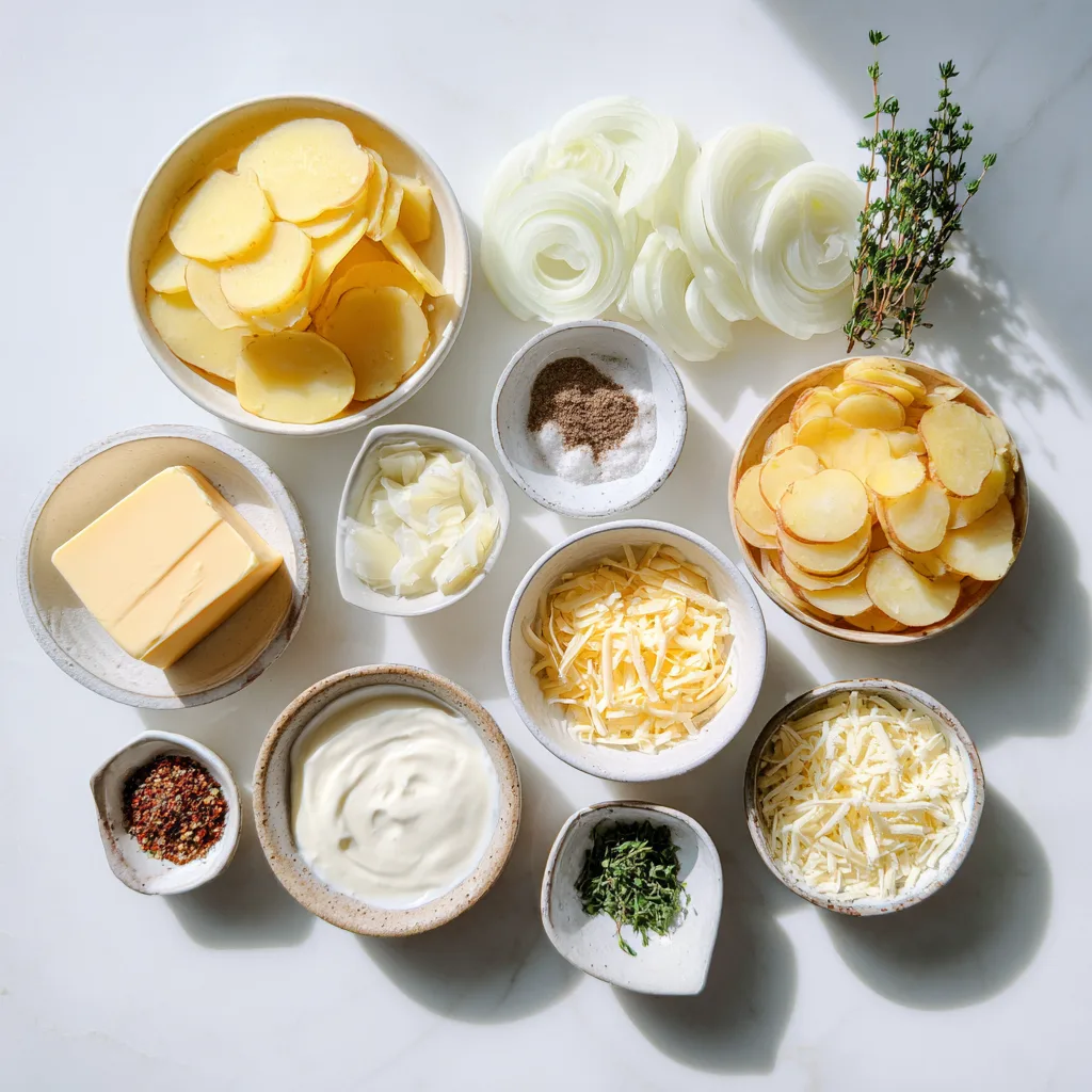 Creamy Scalloped Potatoes: Irresistibly Creamy Side for Holiday Feasts 3 Ingredients for Creamy Scalloped Potatoes arranged in bowls