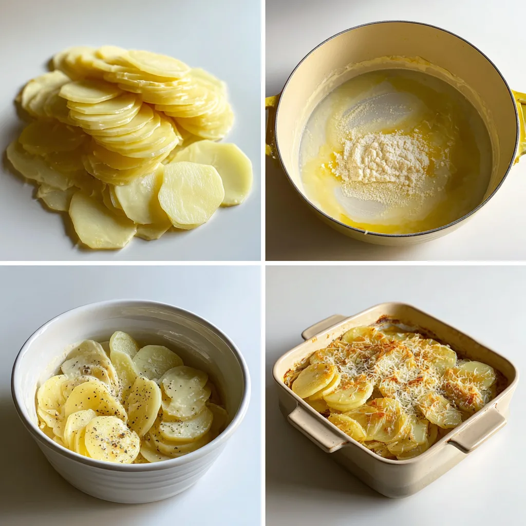Creamy Scalloped Potatoes: Irresistibly Comforting Dinner Side 4 A clean 4-panel collage that walks through the recipe: thin slicing, making the butter-garlic roux with cream, coating potatoes in sauce, and stacking them upright before baking.