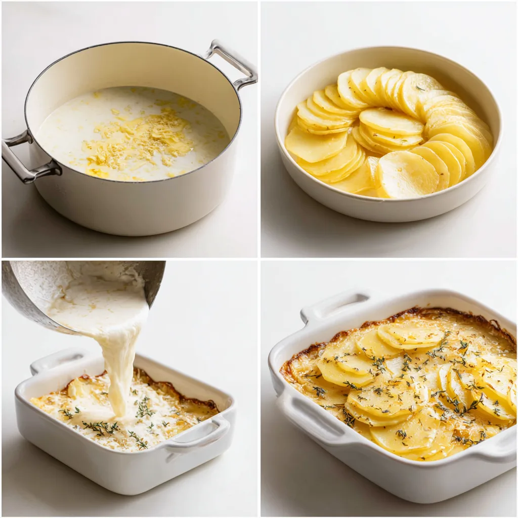 Creamy Scalloped Potatoes: Irresistibly Creamy Side for Holiday Feasts 4 step collage showing cream sauce, layered potatoes, pouring cream, and baked golden Creamy Scalloped Potatoes