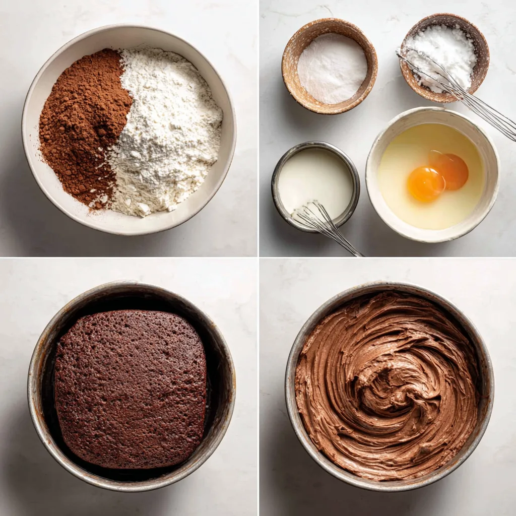 Process collage for Decadent Chocolate Cake: dry mix, wet mix, combine without overmixing, bake in two pans, cool on racks, and finish with cocoa buttercream. Clean white background, natural light, phone-shot realism.