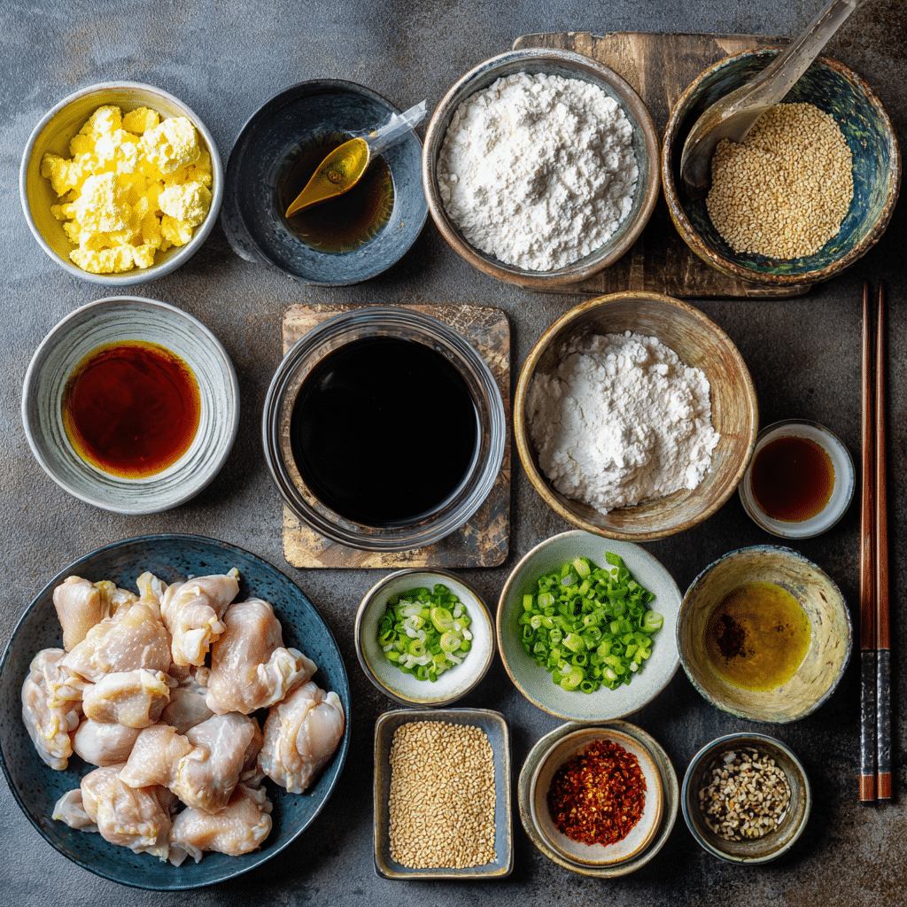 Easy Sesame Chicken: A Delicious, Crowd-Pleasing Family Favorite 3 Easy Sesame Chicken Ingredients flat lay bowls