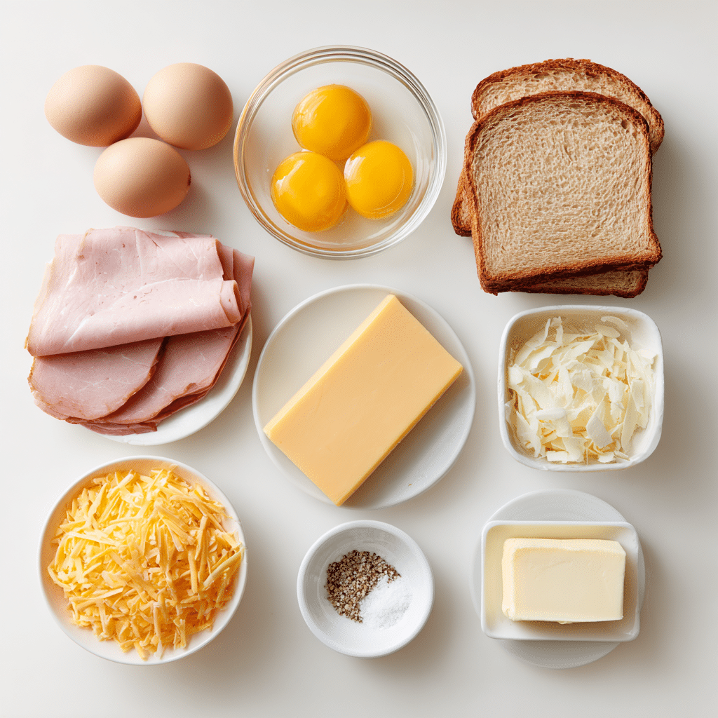 Egg and Ham Breakfast Sandwich: Irresistibly Delicious Morning Treat 3 Ingredients for Egg and Ham Breakfast Sandwich flat lay on white background