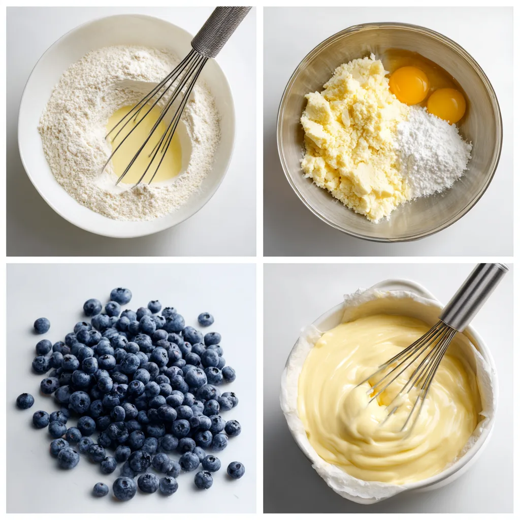 Lemon Blueberry Sheet Cake – A Refreshing, Zesty Summer Treat 4 Four-step collage mixing dry and wet ingredients