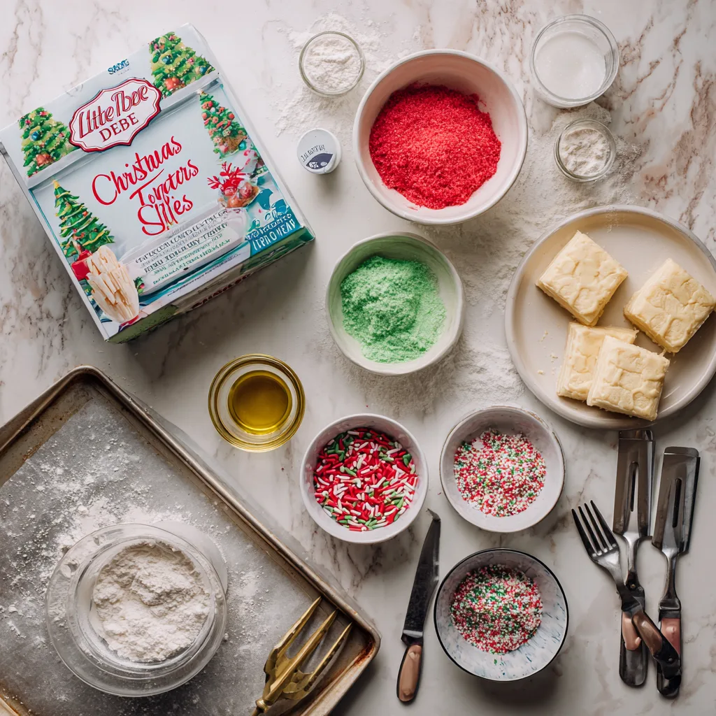 Ingredients for Little Debbie Christmas Tree Cake Truffles—cakes, melts, sprinkles, and sanding sugar