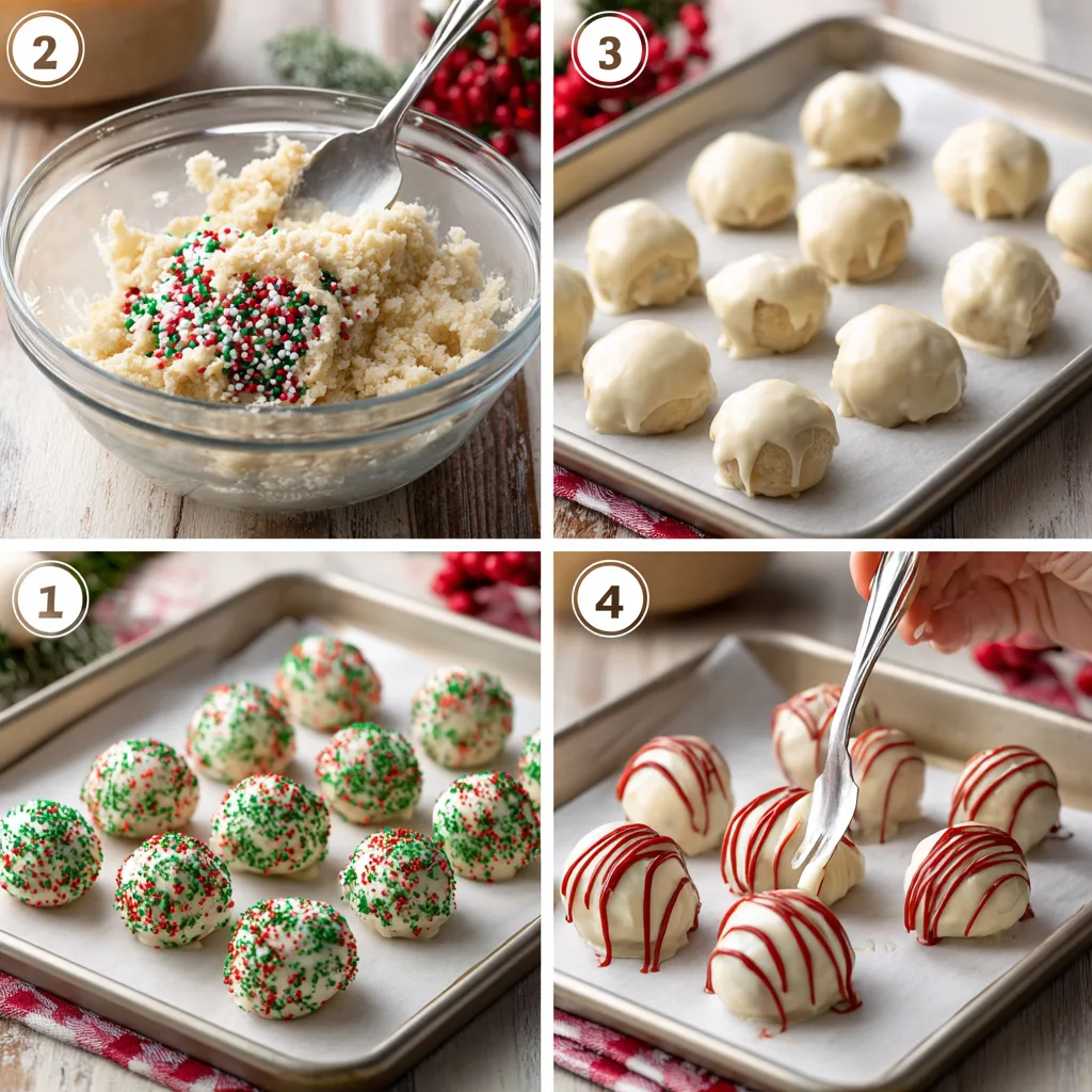 Four-step collage for Little Debbie Christmas Tree Cake Truffles—crumble, roll, dip, and decorate