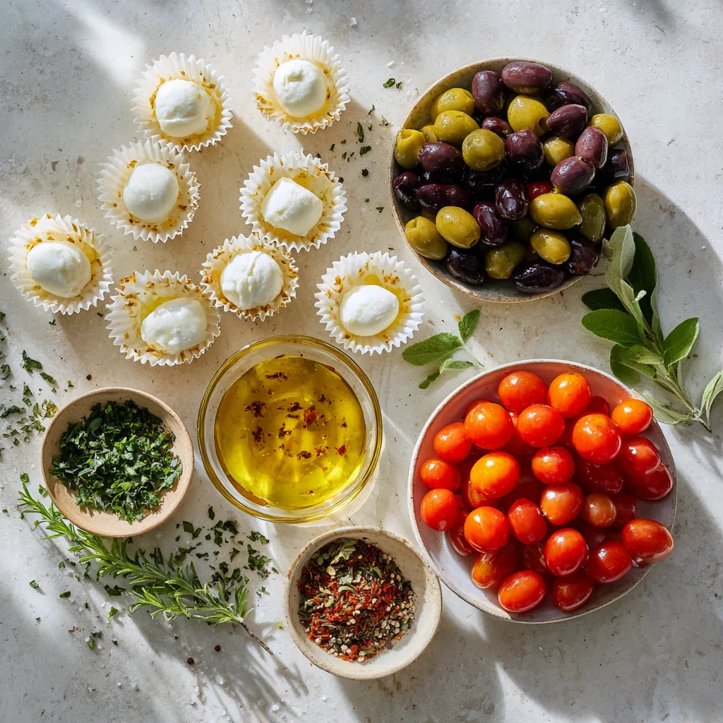 Ingredients for Marinated Mozzarella & Olive Holiday Cups arranged flat lay style