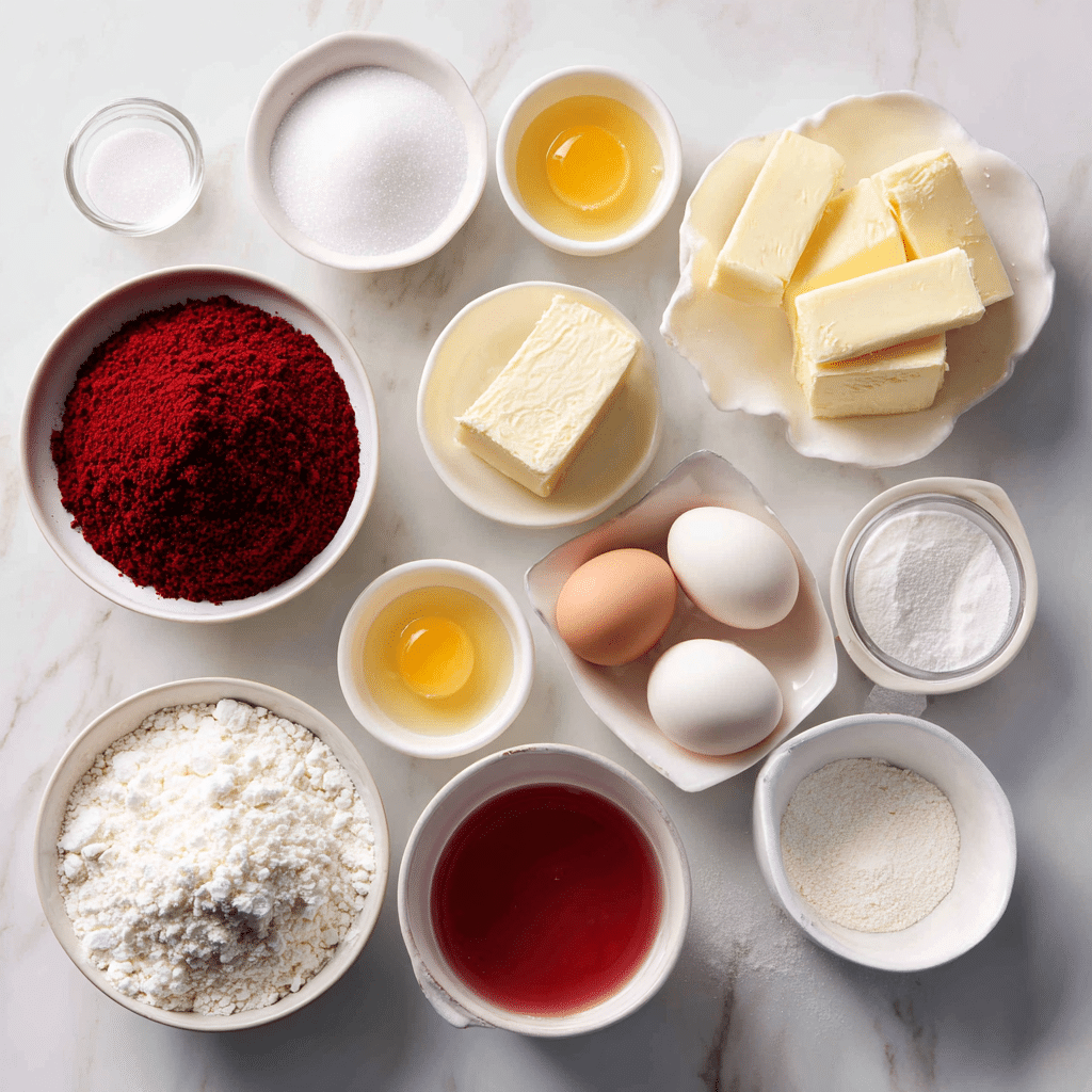 Red Velvet Cake ingredients flatlay on marble with buttermilk, cocoa, red gel color, and cream cheese