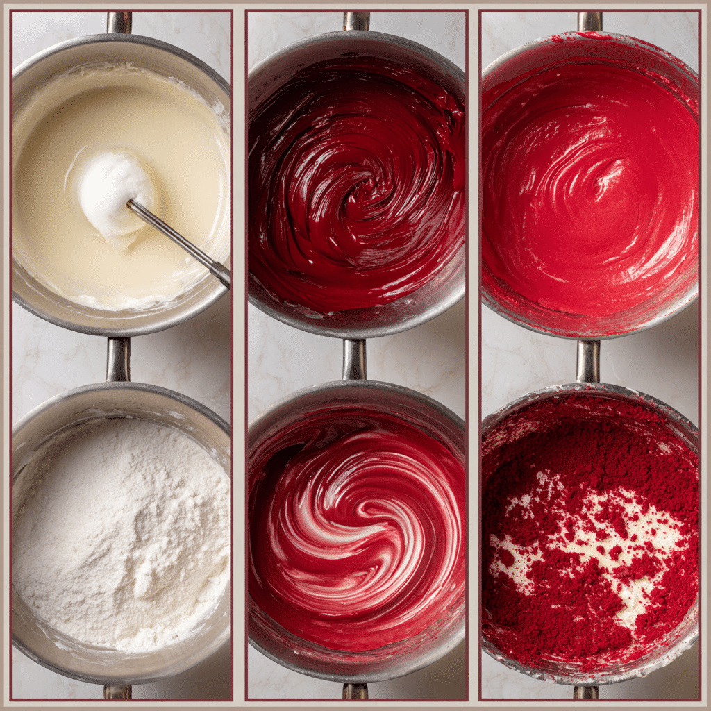 Process collage guiding through creaming, coloring/cocoa, dividing into pans, cooling, and crumb coating.