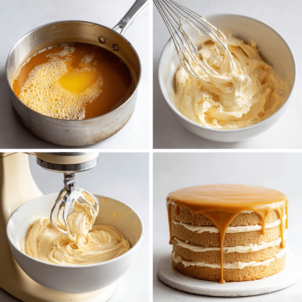 Salted Caramel Cake: Irresistibly Decadent Dessert for Any Celebration 4 Four-step collage of salted caramel, cake batter, caramel buttercream