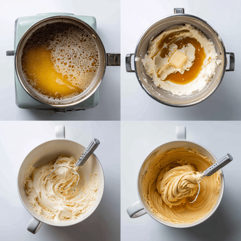 Salted Caramel Cake: Irresistibly Decadent Dessert for Any Celebration 5 Four-step collage of salted caramel, cake batter, caramel buttercream