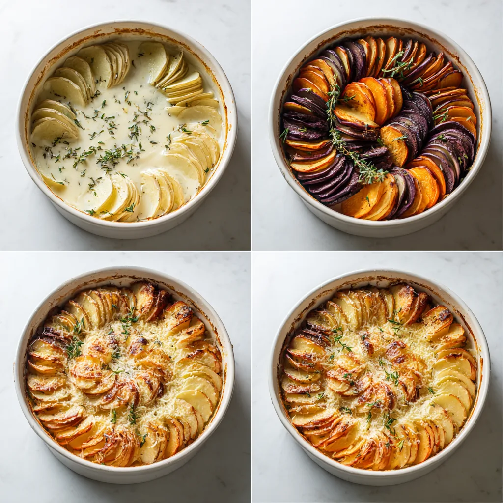 Delicious Cheesy Root Vegetable Gratin for Flavorful Thanksgiving Side Dishes 4 Process collage showing how to assemble and bake Cheesy Root Vegetable Gratin: cream/garlic base, vertical shingled roots, Gruyère/Parmesan topping, and the golden baked finish. Clean background, natural light.