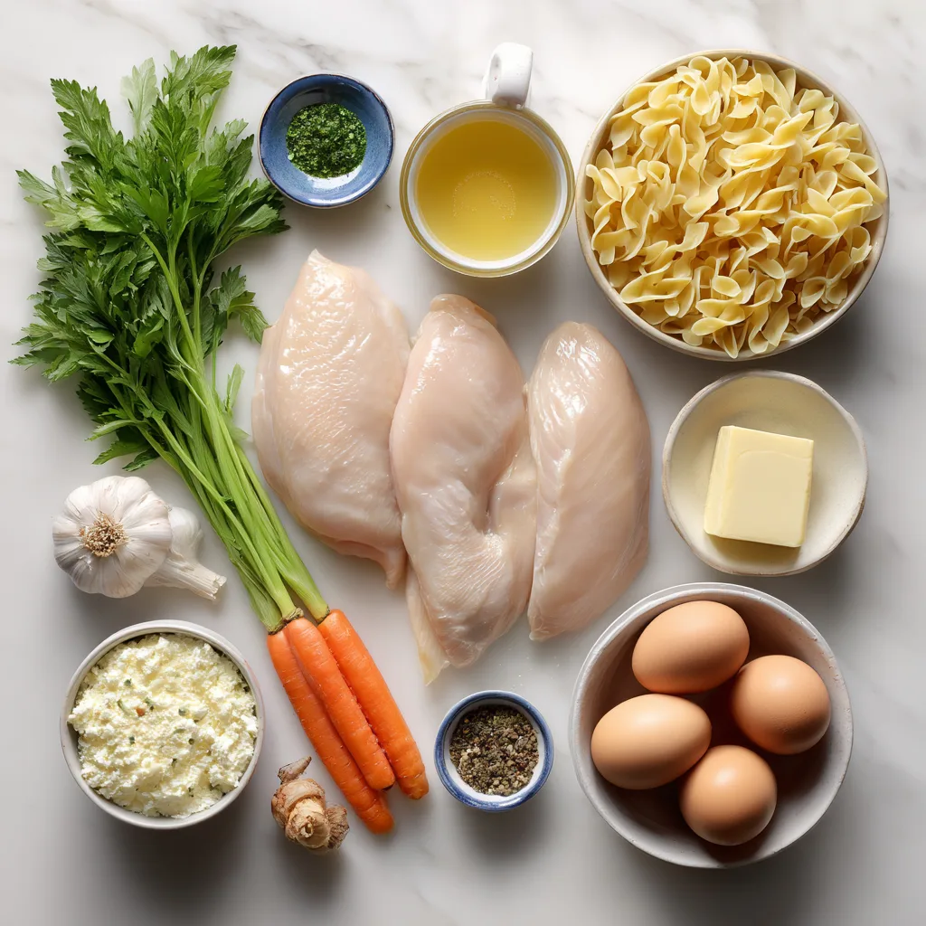 ALAOUI Flat lay of ingredients raw chicken breasts egg noodle 3f3ef122 90e7 4f0f 9cb0 0e4e0c2befe2 2