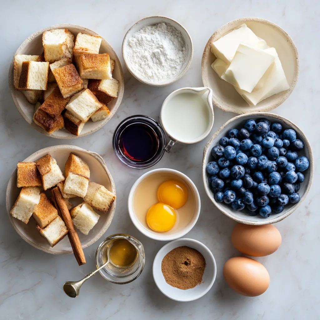 Blueberry French Toast Casserole, the Perfect Cozy Breakfast Casserole Delight 2 u1891677983 Flat lay of ingredients for Blueberry French Toas 31bec7bc bdb0 48b5 a6bf a00bbe08d964 0