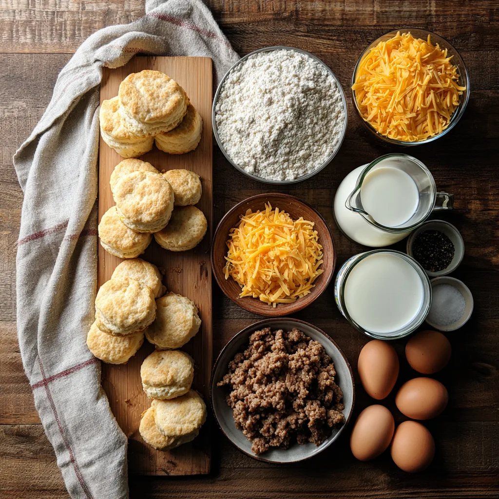 Sausage & Biscuit Breakfast Bake: The Ultimate Savory Breakfast Casserole 2 u1891677983 Flat lay of ingredients for Sausage Biscuit Brea 4f422472 dd36 45db 8569 a82e754741f8 1