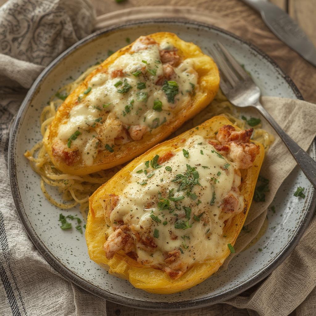 500-Calorie Chicken Alfredo Spaghetti Squash Boats : Guilt-Free Indulgence! 4 500 Calorie Chicken Alfredo Spaghetti Squash Boats