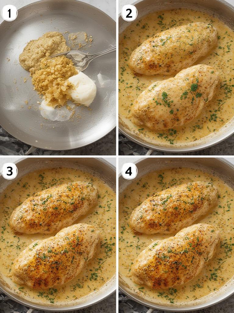 Creamy garlic sauce being poured over golden chicken breasts