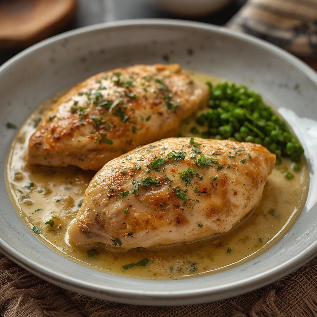 Finished creamy garlic chicken breasts served with parsley garnish