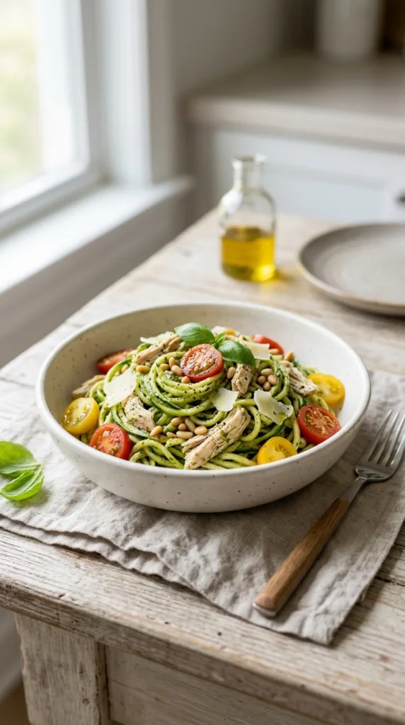 10 Healthy Spring Dinner Recipes (Ready in 30 Minutes) 5 Pesto chicken zoodles tomatoes 7b59a5f440