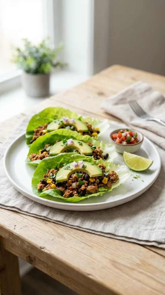 10 Healthy Spring Dinner Recipes (Ready in 30 Minutes) 6 Turkey taco lettuce wraps plate f77e974de8